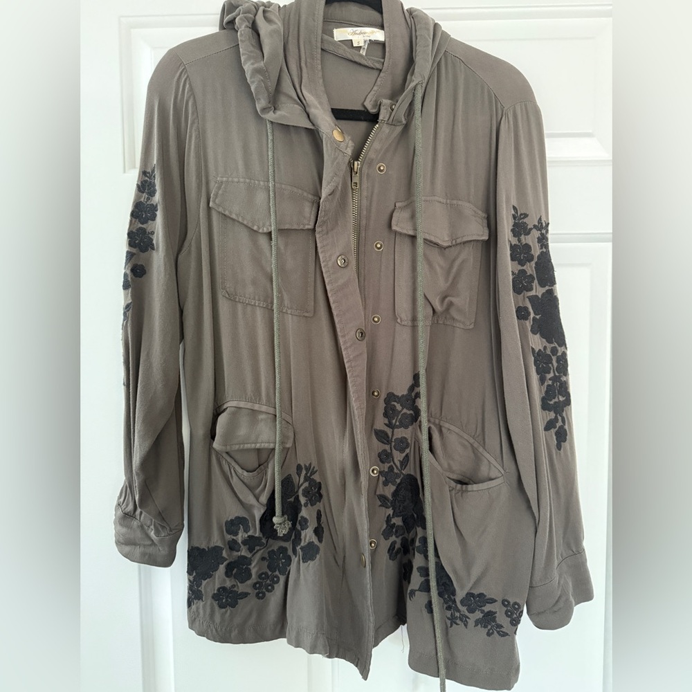 Olive Green Hooded Lightweight Shirt/Jacket with Black Floral Embroidery